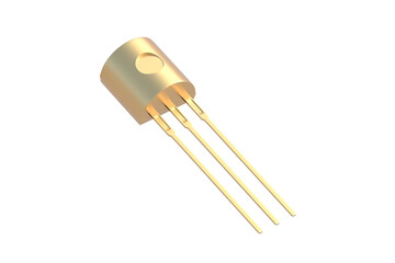 Golden transistor isolated on white background. Electronic component. 3d render
