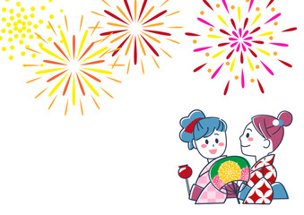 夏祭り・花火を見る浴衣の若い女性の壁紙素材