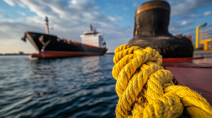 Wide-angle view of cargo vessel mooring operation, hydraulic winch system pulling yellow rope taut as it anchors ship safely alongside pier