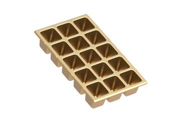 Golden container for seedling isolated on white background. 3d render