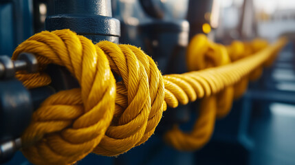 Bright yellow ropes feed into powerful marine winch with precision, emphasizing strength, automation, and modern engineering of ship docking systems