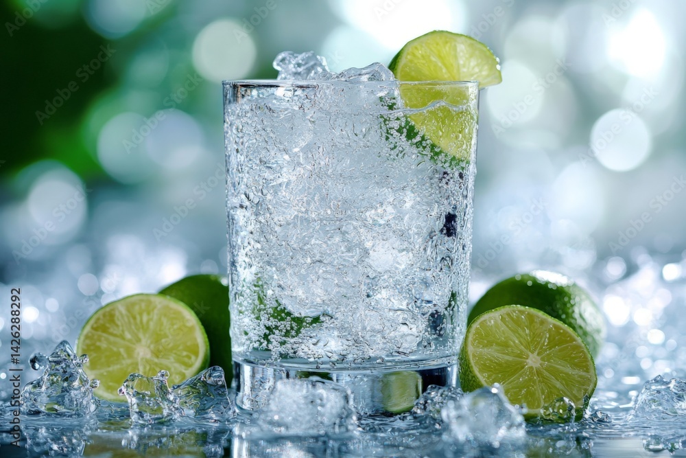 Poster refreshing cocktail glass filled with ice and lime slices on a bed of crushed ice in a vibrant setti