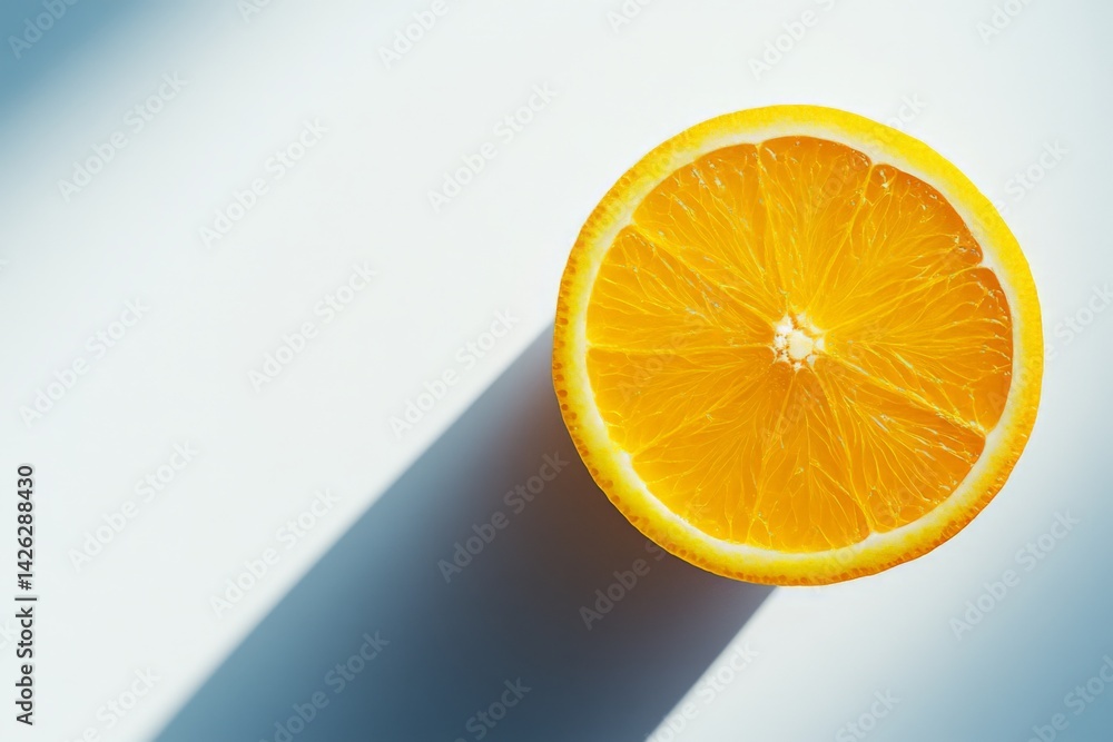 Poster bright orange fruit slice casting a shadow on a light surface in a calm, indoor setting