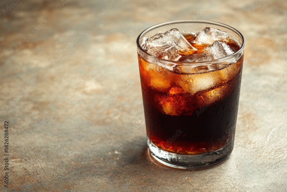 Poster refreshing drink with ice in a glass on a textured surface, perfect for summer gatherings and relaxa