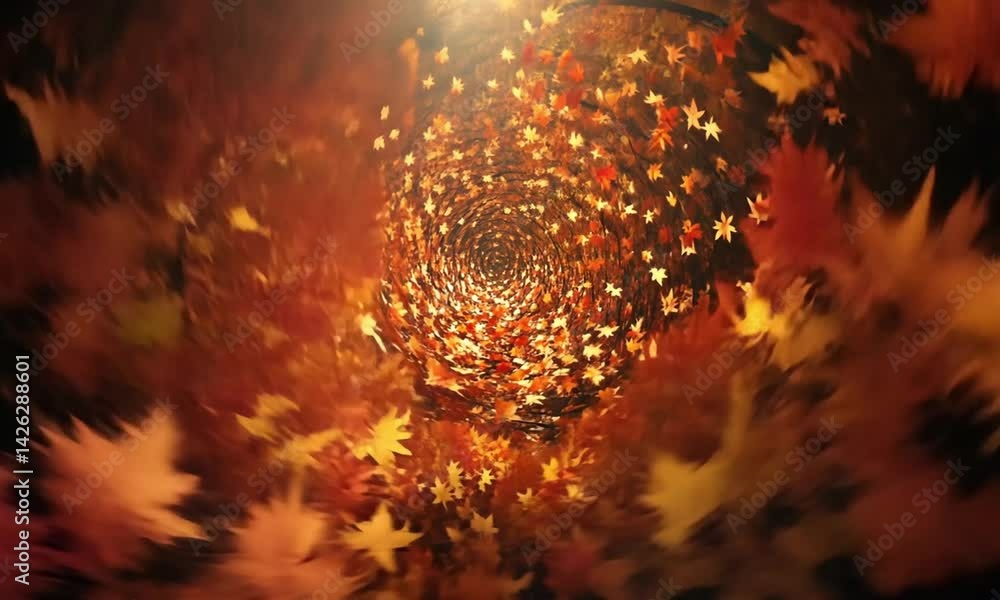 Poster red and orange maple leaves forming swirling motion patterns made with generative ai technology