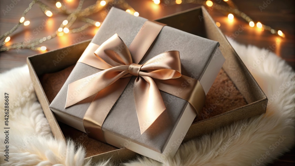 Poster an elegant gift box with a satin ribbon bow, partially open, resting on a soft, plush surface, illum