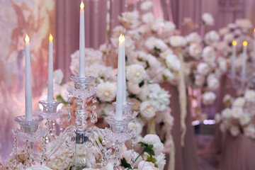 Close-up floral wedding background with lush compositions of white and pink flowers.