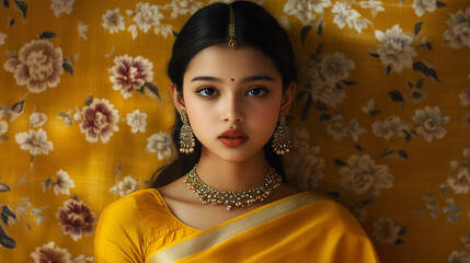 Traditional Hindu girl in mustard yellow sari, elaborate earrings and necklace gleaming, set before a delicately textured textile wall full of vibrant Eastern floral motifs