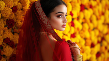 Softly lit Indian woman in traditional red bridal sari, armful of bangles and fine gold jewelry, side profile highlighted against a vivid marigold-and-rose flower wall