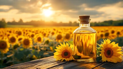 Sunflower oil in glass bottle on blurred background. Refined oil in jar on table