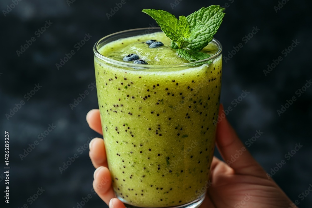 Poster refreshing green smoothie with mint and berries served in a glass on a dark background