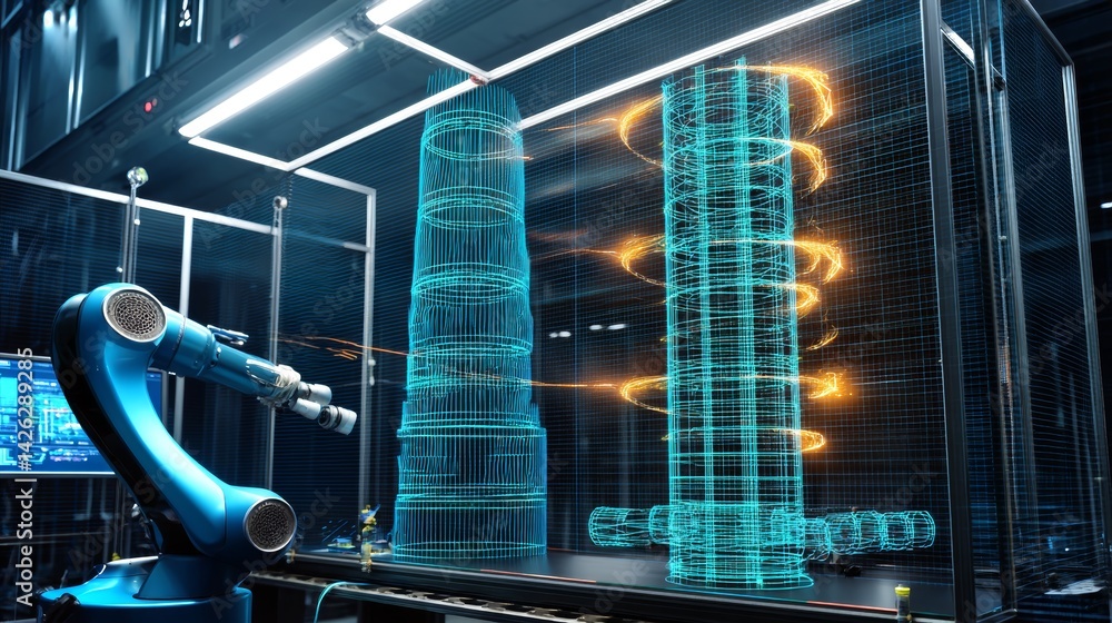 Aufkleber robot inspects modular aerospace parts using a futuristic holographic display