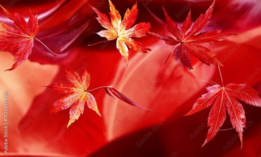 Poster dynamic swirling maple leaf pattern in red and orange tones made with generative ai technology
