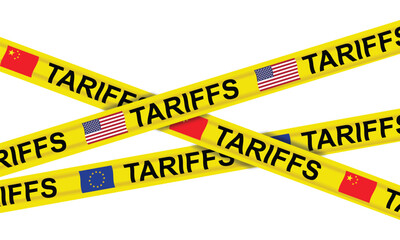Import tax tariff yellow tape with USA China and EU flag. Design element related trade war policy. Transparent png and vector illustration.