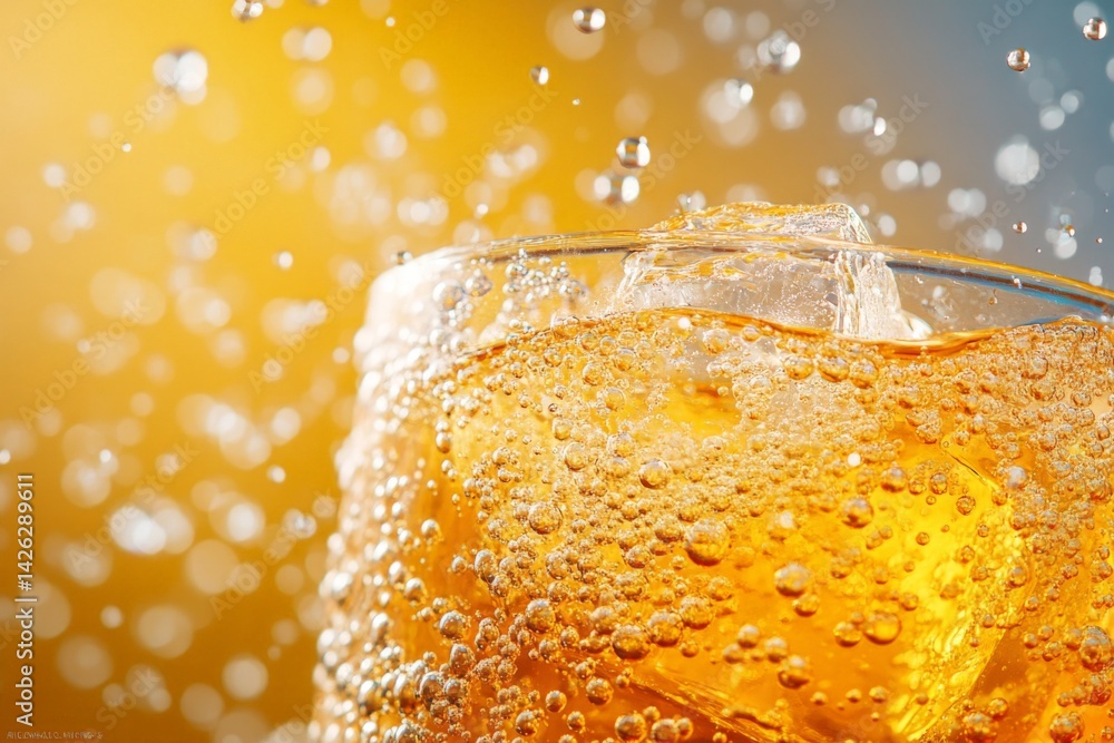 Poster refreshing beverage with ice and bubbles against a vibrant background during summer