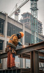 A worker welding steel in construction