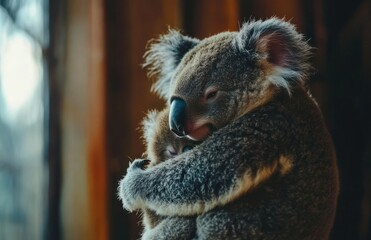 Naklejka premium Koala mother hugging joey, sanctuary, blurred background, wildlife conservation