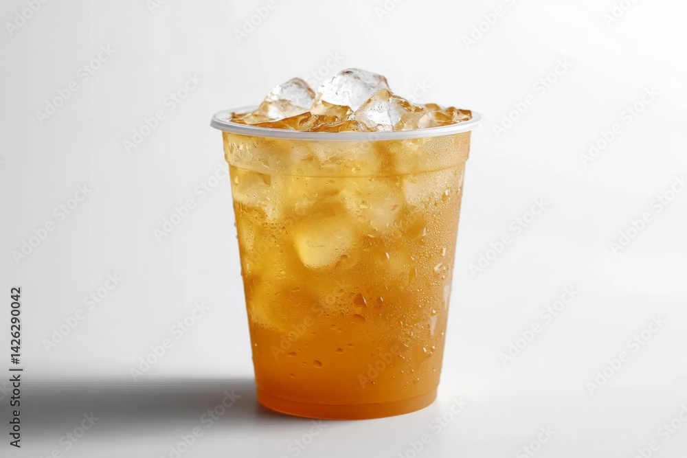 Aufkleber refreshing iced beverage served in a transparent cup with ice cubes on a clean background during a w