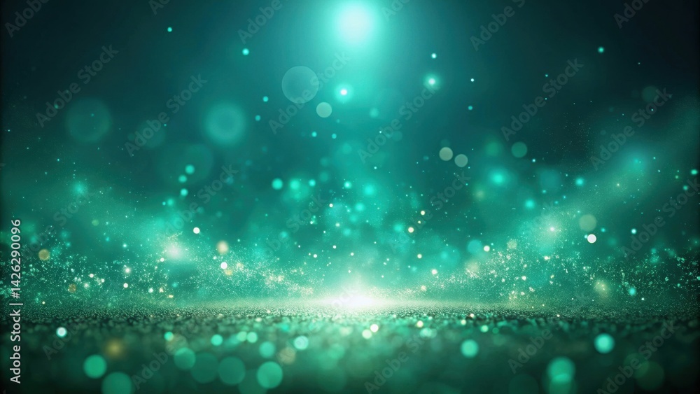Poster enchanted teal glitter background shimmering particles and sparkling lights