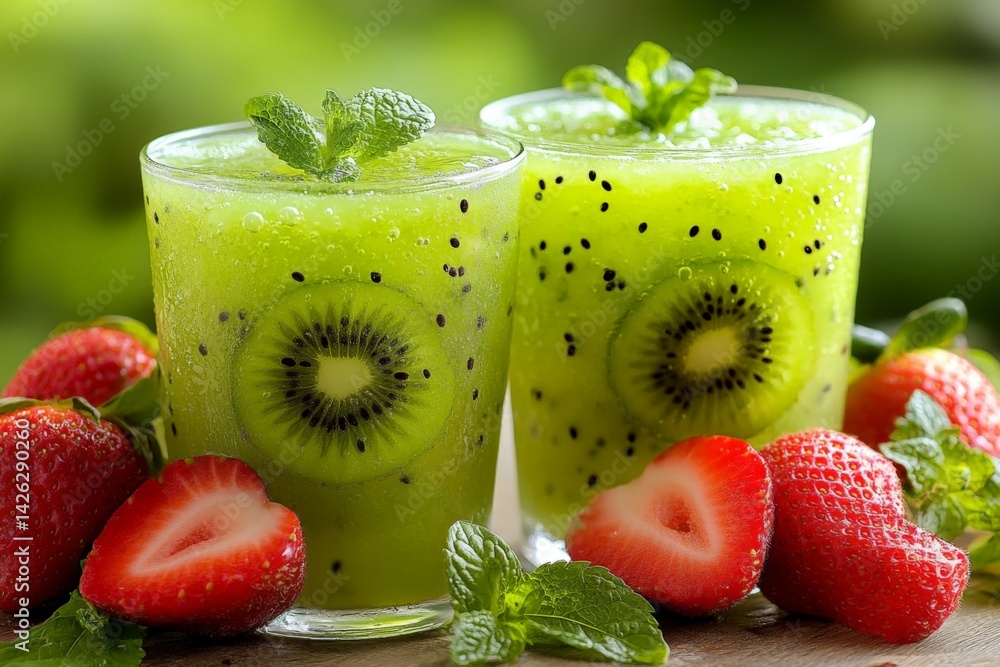 Poster refreshing kiwi and strawberry smoothies served with mint in a vibrant setting