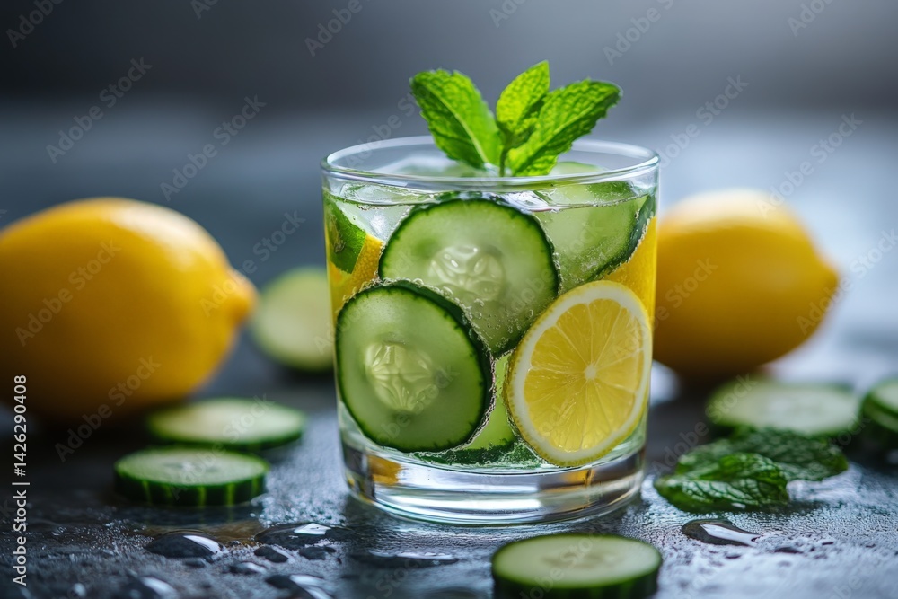 Poster refreshing cucumber lemonade served in a glass with fresh mint leaves and sliced lemons in a sunny k