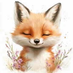 Obraz premium Watercolor Fox Portrait with Floral Crown