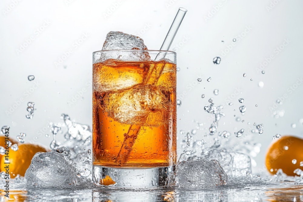 Poster Refreshing cocktail served with ice and citrus fruits splashing in the background on a clear day