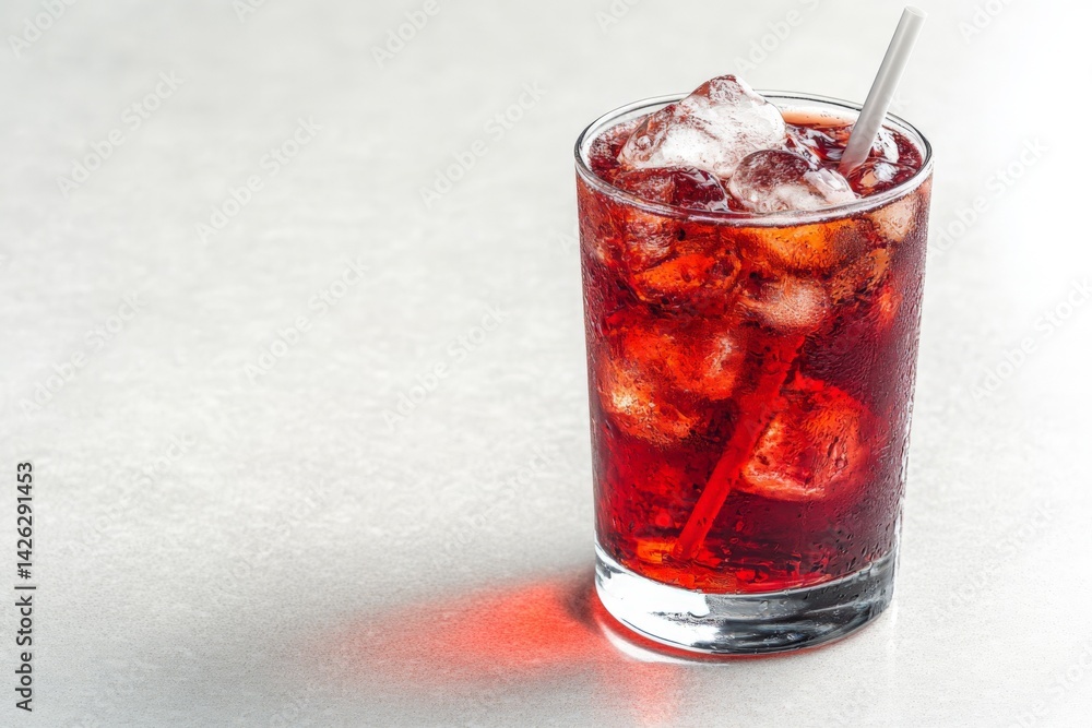 Aufkleber refreshing iced beverage with ice cubes in a clear glass on a light background during a warm afterno