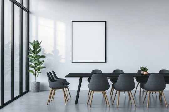Modern minimalist dining area with large windows, blank art, and dark furniture