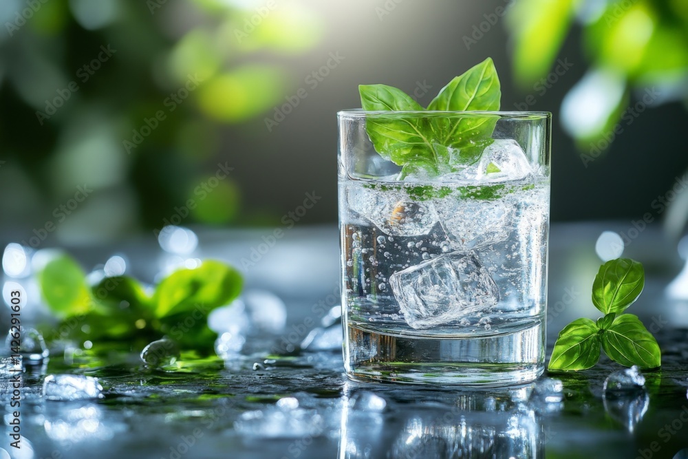 Poster refreshing beverage with ice and mint leaves placed on a reflective surface