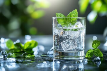 Refreshing beverage with ice and mint leaves placed on a reflective surface