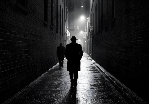 atmospheric night street scene with lone person walking through dark urban corridor dramatic black and white photography with reflections
 - Powered by Adobe