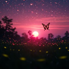Naklejka premium Butterfly Flying Over Field with Fireflies During Pink Sunset Glow