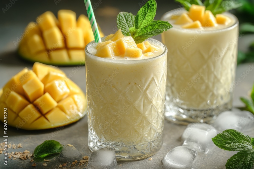 Poster refreshing mango smoothies with mint garnish presented on a gray countertop with fresh mango and ice