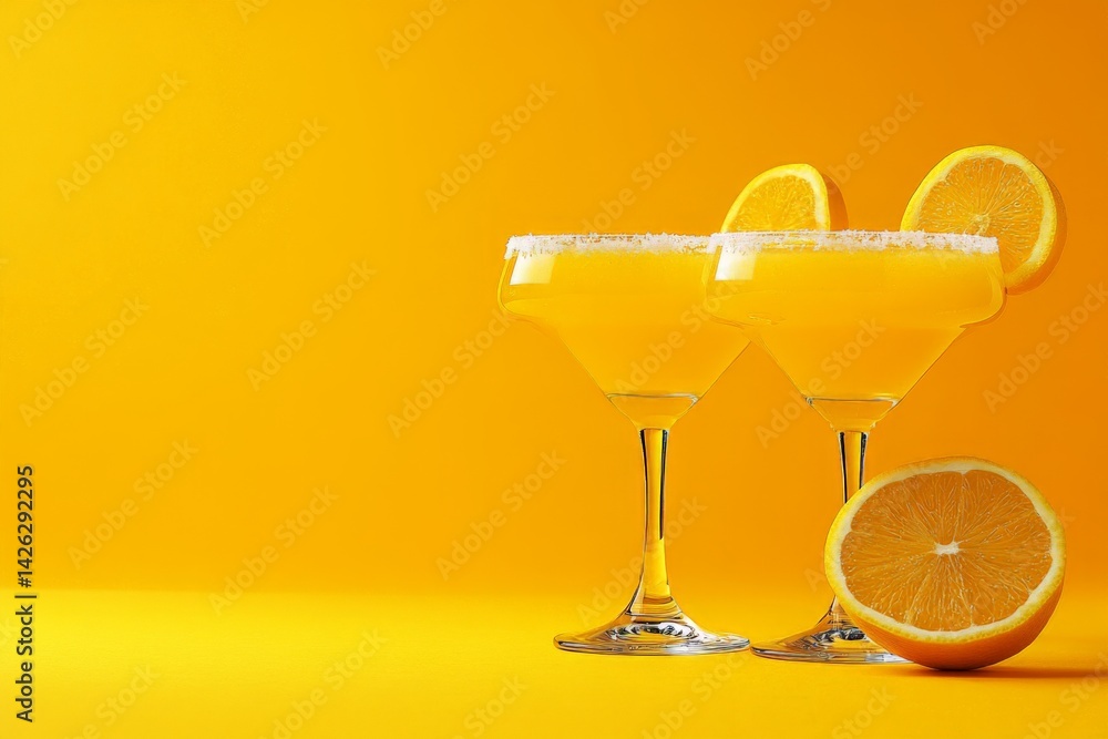 Poster bright yellow cocktails adorned with lemon slices create a vibrant summer atmosphere in this cheerfu