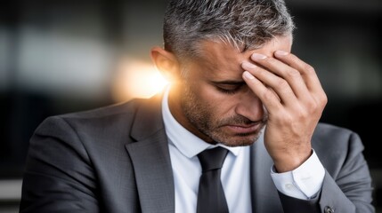 Stressed Businessman in Formal Suit Holding Forehead Expressing Anxiety and Pressure in Urban Environment