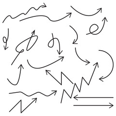 Set of hand drawn arrows element vector, Collection of doodle arrows, lines, symbol, pointing mark icons, Set simple arrows isolated on white background.