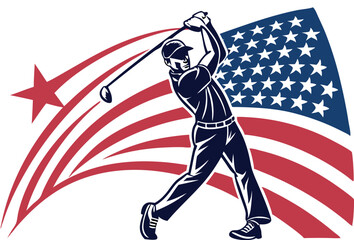 A golfer swings a club, with an American flag waving in the background, symbolising patriotism in sports