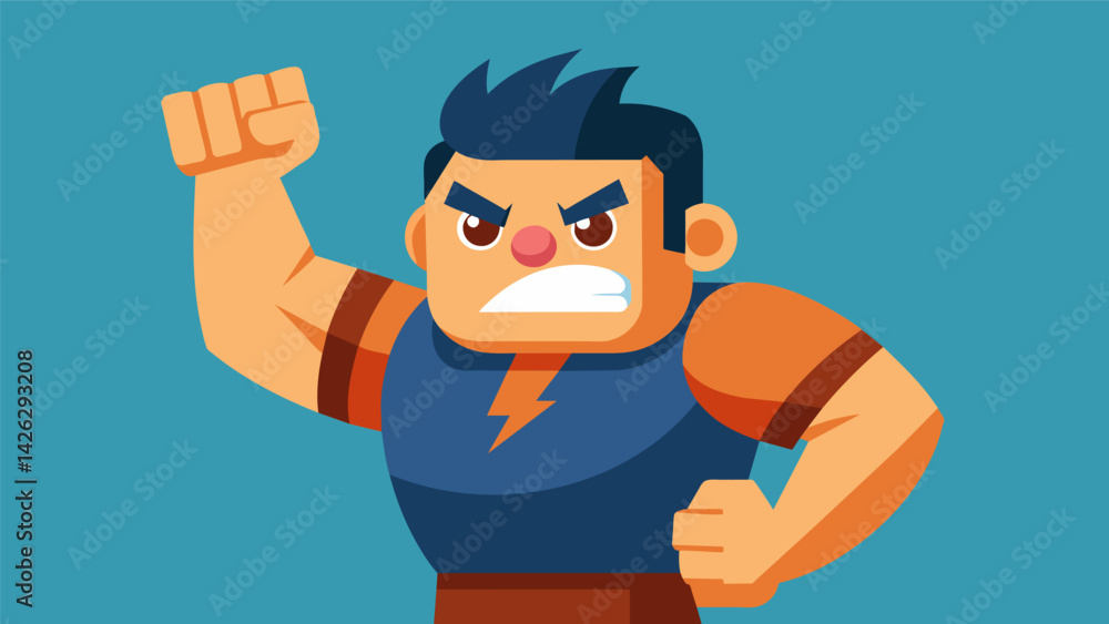 Poster a scowling cartoon character with a raised fist representing the determination to overcome obstacles