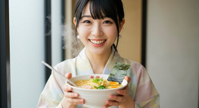 Woman eating ramen, smiling