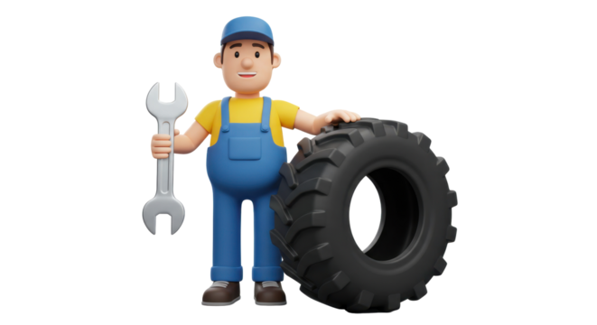 Cartoon mechanic fixing large tractor wheel