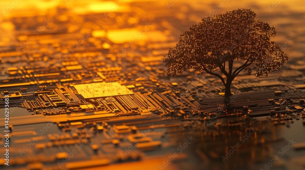 Poster a sophisticated circuit board serves as the foundation for a vibrant digital tree of light, showcasi