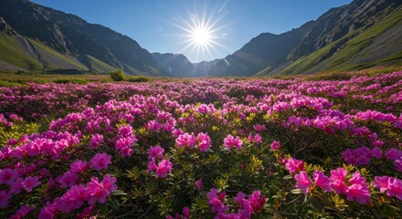 Obraz premium Mountain Meadow Blooming Rhododendrons - Vibrant pink rhododendrons bloom in a vast mountain meadow bathed in sunlight. Stunning natural landscape