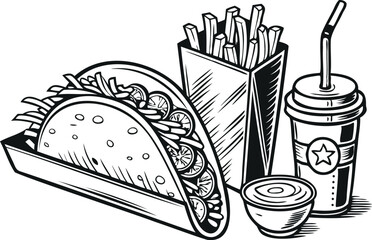 Black and white illustration of a fast food meal featuring tacos and a side of French fries