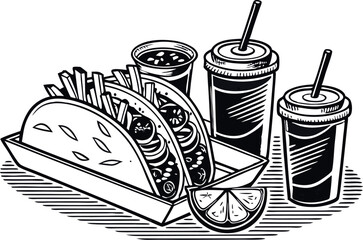 Black and white illustration of a fast food meal featuring tacos and a side of French fries