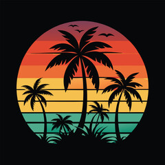 A tropical beach sunset silhouettes a lone figure near palm trees under a vibrant summer sky