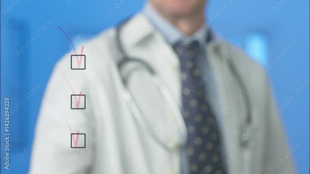 Poster doctor wearing lab coat and stethoscope uses a red marker to check boxes on a transparent screen, co