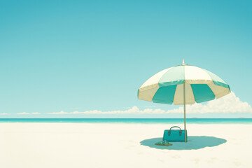 Beach umbrella and blue suitcase on white sand beach, under clear blue sky.