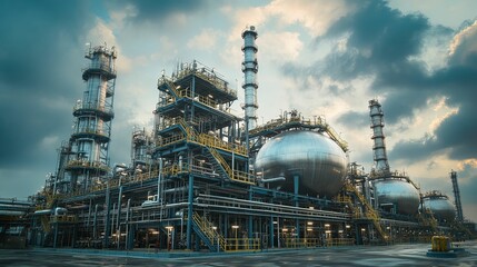 Industrial refinery complex under dramatic sky.
