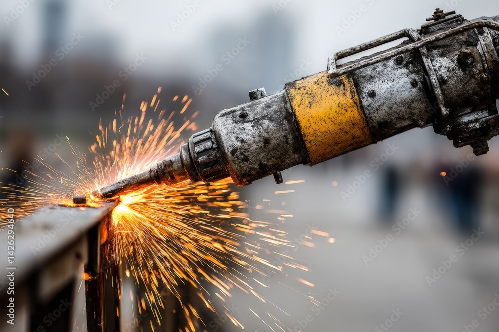 Poster welding activity in an urban setting creates sparks and highlights skilled craftsmanship during a cl